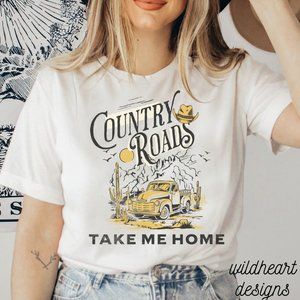 Country Roads Take Me Home Graphic T-shirt, Western Boho Shirt - White